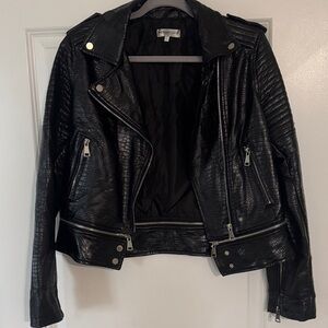 Black Quilted Faux Leather Moto Jacket with Silver Hardware